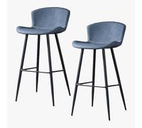 Guyifuny Lot de 2 tabourets de Bar en Similicuir, Chaise de Salle à Manger rétro Classique à Hauteur Fixe avec Cadre en métal et Repose-Pieds, Coussin Bleu, Hauteur d'assise 65 cm