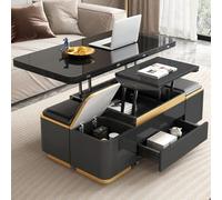 Guyii Table Basse relevable avec 4 tabourets de Rangement et 4 roulettes, Table à Manger Extensible 120×60 cm, Table modulable Moderne Noir et Or, Table de Salon Multifonction pour Petit Espace