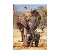 Guying Art Éléphant Mère et Enfants Dans Les Fleurs Oiseaux Papillon Toile Peinture Affiches Animaux Mur Photo Salon Décor 75x100cm (30x39in) Sans Cadre