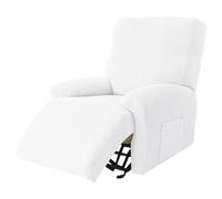 GUYIRT Extensible Housse De Fauteuil Relax avec Poche, Revêtement De Canapé Couleur Unie Housses De Fauteuils 4 Pièces Souples Housse De Chaise Inclinable pour Chien Chat-Blanc