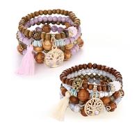 Guyode 2 Pièces Bracelet Femme, Style Bohème Bijoux Femme, Unisexe Bracelet Elastique, Arbre de Vie Perle Bracelets, Extensible Perles Bracelets pour Les Fiancées Les Epouses Mères Couples