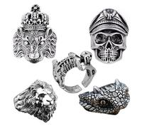 Guyode 5 Pièces Bague Homme, Bijoux Homme, Ajustable Argent Reglable Ouverte Vintage Hip Hop Idee Cadeau Original pour Petit Ami Mari Fiancé (Lion, Crâne, Python)