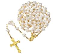 Guyode Collier Chapelet Femme, Perle D'imitation en Forme de Rose Rosaire Catholique, Collier de Perles de Prière Sainte avec Une Croix, Convient Cérémonie Religieuse D'une Communion, D'un Baptême