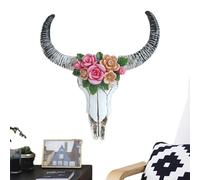 Gvblkq Cow Skull Head Wall Decor, Faux Animal Cow Skull, Long Horn Bull Cranium Adornment Sculpture, Unique Barrier Accents for Bedroom and Living Room, 6.89x6.5 inches, Multicolor