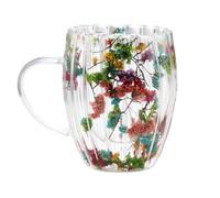 Gvblkq Gobelets transparents à double paroi avec fleurs séchées, 300 ml, 5,5 x 8,5 x 11 cm, poignée isotherme pour boissons chaudes et froides, verrerie pour toutes les occasions