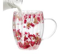 Gvblkq Gobelets transparents à double paroi avec fleurs séchées, 300 ml, 5,5 x 8,5 x 11 cm, poignée isotherme pour boissons chaudes et froides, verrerie pour toutes les occasions