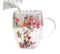 Gvblkq Gobelets transparents à double paroi avec fleurs séchées, 300 ml, 5,5 x 8,5 x 11 cm, poignée isotherme pour boissons chaudes et froides, verrerie pour toutes les occasions