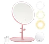 GVEFIVME Miroir cosmétique avec lumière LED, miroir de maquillage éclairé pour le maquillage, le rasage et le port des lentilles de contact, 3 couleurs de lumière et luminosité variable (rose)