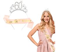 GVEYIQK 60 Ans Couronne Anniversaire Écharpe, anniversaire 60 ans femme, Couronne de Diadème en Cristal Joyeux 50e Anniversaire avec Ceinture D'Anniversaire, cadeau anniversaire femme 60 ans