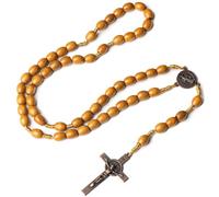 GVEYIQK Collier Chapelet en Bois, Collier Chapelet Croix Catholique, Colliers de Chaîne de Rosaire Catholiques avec Croix Médaille Jésus Christ Saint Benoît, pour Communion Baptême
