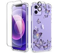 GVIEWIN Compatible avec Coque iPhone 12/iPhone 12 Pro 6,1" 2020, avec Protecteur d'écran en Verre trempé + Protecteur d'objectif d'appareil Photo, Coque TPU Transparent à Fleurs, Papillon séduisant