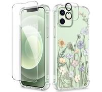 GVIEWIN Compatible avec Coque iPhone 12/iPhone 12 Pro 6,1" 2020, avec Protecteur d'écran en Verre trempé + Protecteur d'objectif d'appareil Photo, Coque TPU Transparent à Fleurs, Printemps Vibrant