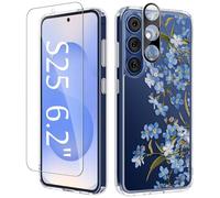 GVIEWIN Compatible avec Samsung Galaxy S25 Coque 6,2" 2025, avec Écran & Caméra Protecteur d'objectif, Non Jaune Fleur Clair Anti-Rayures Antichoc Protecteur Filles Housse, Aconit/Bleu