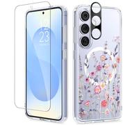 GVIEWIN Compatible avec Samsung Galaxy S25 Plus, [Compatible avec MagSafe] avec Protecteur d'écran + d'objectif d'appareil Photo, Coque magnétique Transparente Floral résistant aux, Floratopia