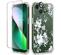 GVIEWIN Coque Compatible avec iPhone 13 6.1" 2021, avec Verre Trempé Protection écran+Caméra Protecteur, Fleurs Transparent Claire Housse de Protection Antichoc Fine TPU Souple Etui, Aconit/Bleu