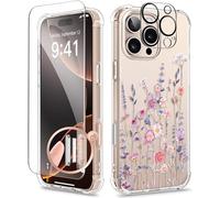 GVIEWIN Coque Compatible avec iPhone 16 Pro 6,3" 2024, avec Protecteurs d'écran & Protecteur d'objectif de caméra, Antichoc Anti-Rayures Clair Fleur Housse pour Femmes,Floratopie/Coloré
