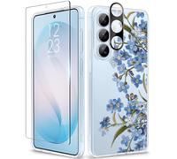 GVIEWIN Coque Compatible avec Samsung Galaxy S26 6,3 Pouces 2026,avec Protection écran + Objectif,Fleur Transparente Anti-Rayures Non jaunissante Antichoc Housse,Aconit/Bleu