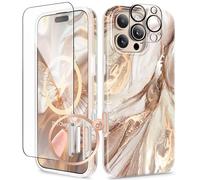GVIEWIN Coque pour iPhone 16 Pro Max 6,9" [Compatible avec MagSafe] avec Protections d'écran et d'objectif, Protection de qualité Militaire, Coque magnétique Fine en marbre Antichoc, Topaze/doré