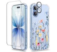 GVIEWIN Coque pour iPhone 17 6,3" 2025, avec Protection d'écran et d'objectif résistante aux Chocs de qualité Militaire,Motif Floral Transparent Fine et protectrice pour Femme,Aconit/Bleu Clair