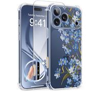 GVIEWIN Coque pour iPhone 17 Pro Max 6,9" 2025 avec Protection d’écran [Protection complète Appareil Photo] Coque Transparente Florale Antichoc qualité Militaire pour Femmes,Aconit/Bleu