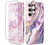 GVIEWIN Coque pour Samsung Galaxy S25 6,2" 2025, compatible avec MagSafe, avec écran + protecteur d'objectif d'appareil photo, coque magnétique antichoc en marbre a Antirayures, Dreamland River/Violet