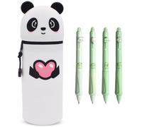 GVMJHYK 1PCS Trousse Ecole 2 en 1 en Silicone Souple Kawaii et 4pcs Stylos Rétractables à encre gel effaçables à pointe fine de 0,5 mm, Fermeture Eclair en Silicone Pochette de Stylo Love Panda