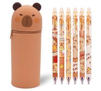 GVMJHYK 1PCS Trousse Ecole 2 en 1 en Silicone Souple Kawaii et 6pcs Stylos Rétractables à Encre Gel effaçables à Pointe Fine de 0,5 mm, Fermeture Eclair en Silicone Pochette de Stylo - Capybara