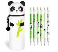 GVMJHYK 1PCS Trousse Ecole 2 en 1 en Silicone Souple Kawaii et 6pcs Stylos Rétractables à Encre Gel effaçables à Pointe Fine de 0,5 mm, Fermeture Eclair en Silicone Pochette de Stylo (Panda)