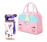 GVMJHYK Ensemble Déjeuner Licorne pour Filles 2 Pièces - Sac Déjeuner Isotherme & Gourde Imperméable avec Paille - Kit Scolaire sans BPA, Essentiels de Pique-Nique (Rose Violet)