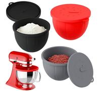 Gvode Lot de 3 Bols en Silicone avec Couvercles pour KitchenAid 4,5-5 QT Robot Pâtissier Tête Inclinable, Accessoire Compatible pour KitchenAid Artisan, Épais, Inodore, Antiadhésif, Noir/Rouge/Gris