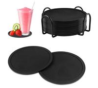 Gvolatee 12 Pièces Dessous de Verre Silicone avec Support, sous-Verre de Table Noir avec Rainures, sous-Bock Rond Design de Plat pour Café ou Bière Tasses, Tasse à Thé, Boissons, Plantes et Les Bars