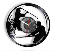 GVOZI Pendule Murale De 30 cm Aïkido Horloge Murale Vinyle Sport Laser Bataille Culture Japonaise Montre-Bracelet Cadeau Aïkido Combattant Chambre Décor Rétro Illustration