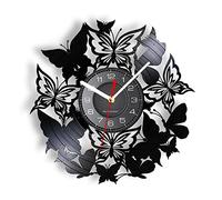 GVOZI Pendule Murale De 30 cm Papillon Insectes Ombre Horloge Murale Fleur Jardin Nature Maison Décoration Murale Vintage Montre Pépinière Sculpté Disque Vinyle Art