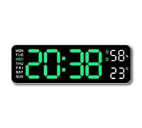 Gvvsjgdbis Grande horloge murale numérique avec affichage de la température et de l'humidité, affichage de la semaine, LED électronique, réveil, 12/24h, vert