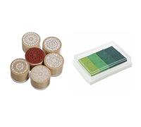 Gvvsjgdbis Inkpad Craft Tampon encreur multi-dégradé vert 4 x couleurs à base d'huile avec 6 tampons assortis en bois et caoutchouc