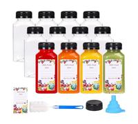 Gvvsjgdbis Lot de 12 bouteilles à jus de 8 onces en plastique avec bouchons inviolables, récipients à jus transparents réutilisables avec étiquettes, entonnoir et brosse