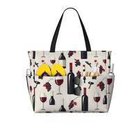 GVYGVY Grand sac de plage pour femme résistant au sable - Sac fourre-tout moderne imprimé bouteille de vin d'été voyage travail avec fermeture éclair