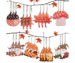 GWAWG 24PCS Déco Automne Pendentif Décoration Automne De Bois Deco Suspendre Nain Lutin Champignon Feuille D'érable Décoration De Fenêtre avec Corde De Chanvre Intérieur Thanksgiving Decor
