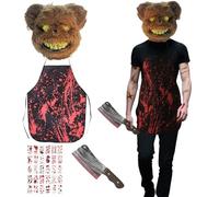 GWAWG 33pcs costume boucher horrifique, masque d'ours effrayant Halloween, tabliers effrayants avec couteaux ensanglantés, tatouages temporaires pour adolescents et adultes fête de cosplay d'Halloween