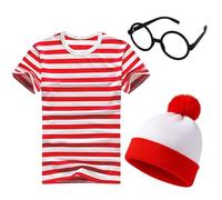 GWAWG 3Pcs Boys Girls Book W ancy Dress Costume Outfit,Short Sleeved Red and White Round Neck T-Shirt,Red Bobble Hat,Round Glasses for Roleplay, Halloween (M)