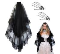GWAWG 3PCS noir voile mariées avec main os clip cheveux, bande-tête de dentelle voile gothique, Halloween fantôme mariée Cosplay costume créatif pour carnaval masquerade
