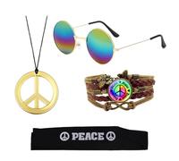 GWAWG 4 Pièces Ensemble de Costumes Hippie, Années 70 Accessoires Hippy Lunettes de Soleil Vintage Peace Sign Collier Bracelet Hip Hop Disco Accessoires Homme Fête sur le thème d'Halloween