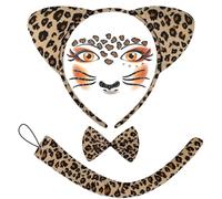 GWAWG 4 Pièces Léopard Costume Deguisement Femme,Léopard Oreilles Bandeau Résilient,Queue de Léopard,cravate léopard,tatouage de visage pour Carnaval Halloween Fête Animaux Cosplay Party