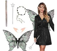 GWAWG 4PCS Adulte Fairy Wings, Papillon Ange Accessoires Costume Ailes scintillantes avec bandeau de tête de fleur Baguette oreilles pour les filles Halloween Party Carnaval Cosplay