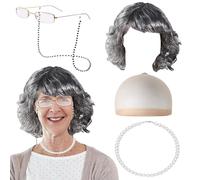 GWAWG 4pcs Old Lady Costume Set, Grand-mère Perruque Cap Granny Pearl Collier Bracelet Cane pearl colliers, Grand-mère robe fantaisie costume pour Noël Halloween Journée mondiale du livre