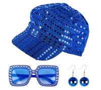 GWAWG 70 's Disco chapeau set, 3pcs paillettes Disco argent avec vintage lunettes de soleil boucles d'oreilles, Aba style paillettes argent brillant ABA chapeau Adulte Femme