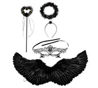 GWAWG Ailes d'ange Noir et Halo, Baguette de fée, Masque Sexy en Dentelle pour Les Yeux, Costume d'ailes d'ange déchu pour Halloween, Ailes d'ange Adulte pour Halloween Noël Cosplay Birthday Party