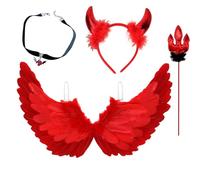GWAWG Ailes d'Ange Rouge et Cornes de Diable avec Baguette, Costume de Diable Rouge avec Collier de Chauve-souris Démoniaque, Ailes d'Ange Déchu pour Adulte Enfant Halloween Carnaval Cosplay Party