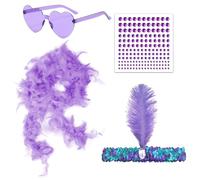 GWAWG Boa à Plumes, Lunettes de Soleil Sans Monture en Forme de Cœur, Strass pour le Visage et Bandeau pour Cheveux, Artisanat Boa à Plumes Moelleux, Convient pour Halloween, Noël, Cosplay (Purple)