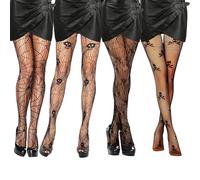 GWAWG Collant Resille Noir, 4 Paires de Collant Femme Fantaisie, Motifs Floraux, Crânes, Toiles D'Araignée et Fantômes, Collants Résille Extensibles en Dentelle pour Halloween, Cosplay et Fêtes